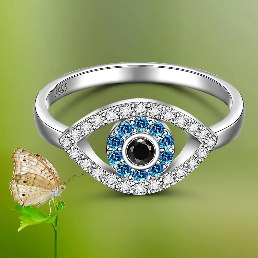 Sterling Silver Evil Eye Ring Women Protective Blue Sapphire Jewelry Size 8 - Picture 2 of 8